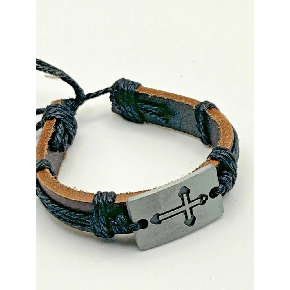 Lot of 2 Faux Leather Cross Adjustable Bracelet Set Dark Brown & Light Brown
